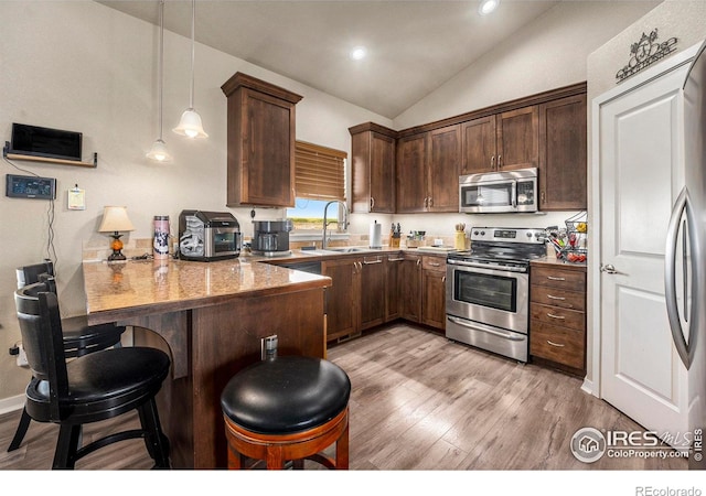 kitchen with appliances with stainless steel finishes, vaulted ceiling, light hardwood / wood-style flooring, sink, and decorative light fixtures