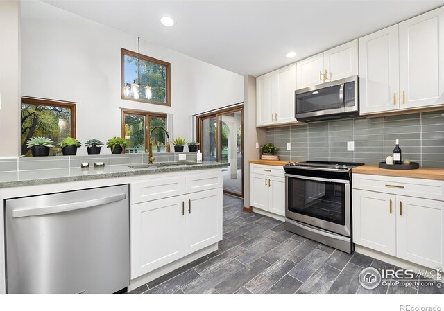 kitchen featuring white cabinets, appliances with stainless steel finishes, dark wood-type flooring, and sink