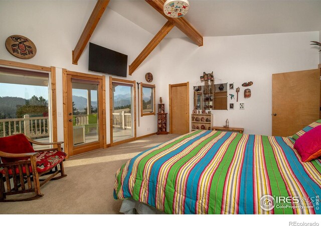 carpeted bedroom with beamed ceiling, access to outside, and high vaulted ceiling