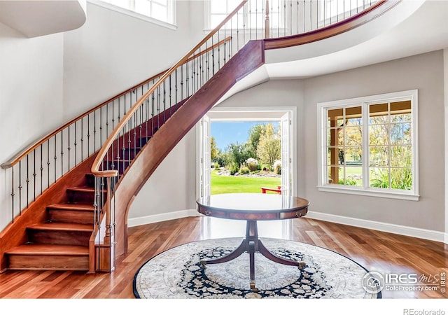 foyer entrance with a healthy amount of sunlight, wood-type flooring, and a high ceiling