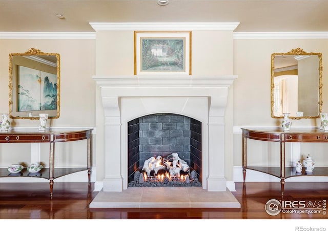 interior details with ornamental molding and hardwood / wood-style floors