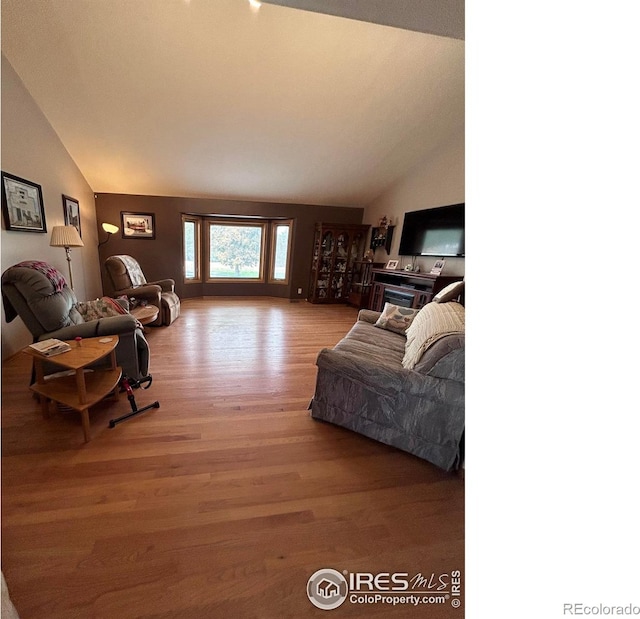 living area featuring vaulted ceiling and wood finished floors