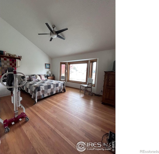 bedroom featuring wood finished floors, a ceiling fan, and vaulted ceiling