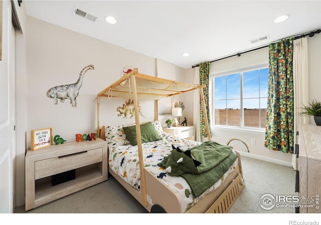 carpeted bedroom featuring a water view