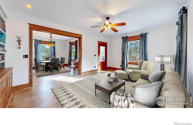 living room with ceiling fan and light wood-type flooring