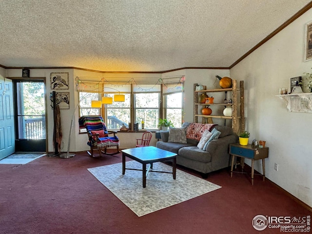 4393 Green Mountain Dr, Livermore, CO 80536 - living area featuring a textured ceiling, crown molding, and carpet flooring