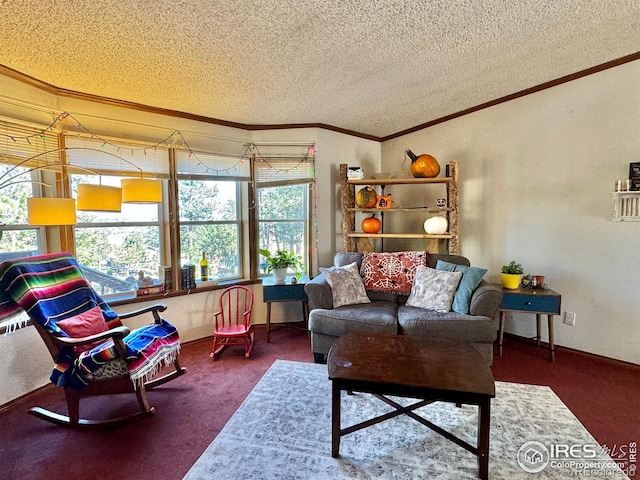 carpeted living room with a textured ceiling and ornamental molding