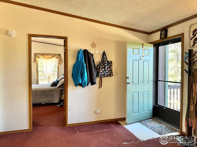 foyer entrance with plenty of natural light, crown molding, light colored carpet, and a textured ceiling