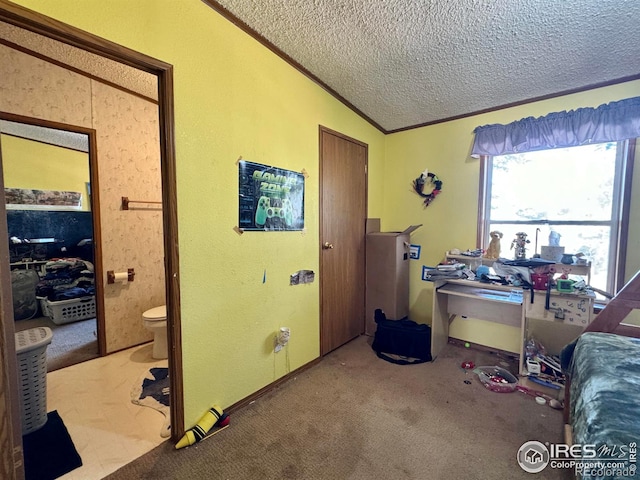 bedroom with a textured ceiling, carpet, and vaulted ceiling