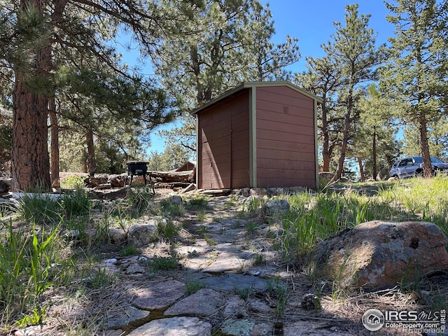 view of yard with a storage shed