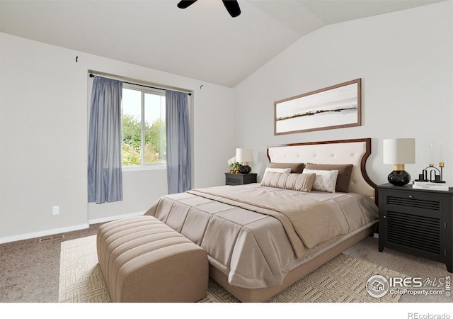 bedroom with lofted ceiling, light colored carpet, and ceiling fan