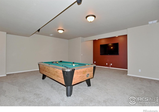 rec room featuring pool table and carpet flooring