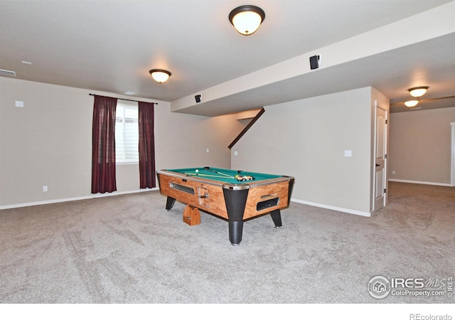 rec room featuring billiards and carpet floors