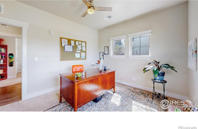 6634 Crystal Downs Dr Unit 104, Windsor, CO 80550 - carpeted home office with ceiling fan and baseboards