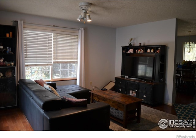 living room with a textured ceiling, wood-type flooring, and ceiling fan