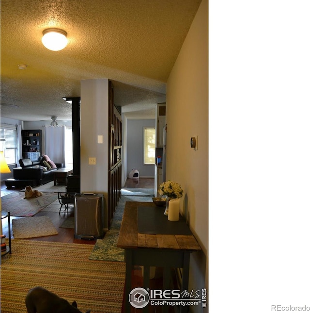 corridor featuring a textured ceiling and dark hardwood / wood-style floors