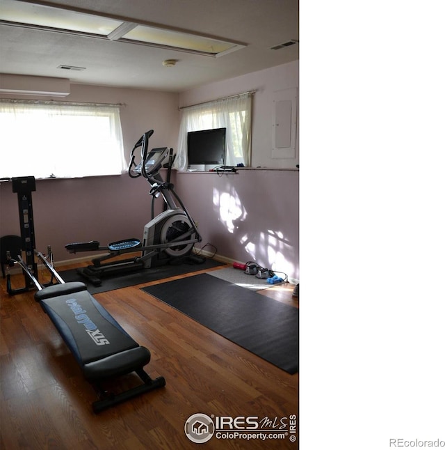 exercise area with electric panel and dark hardwood / wood-style flooring