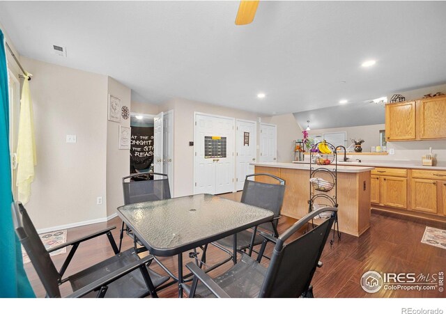 dining room featuring sink and dark hardwood / wood-style flooring