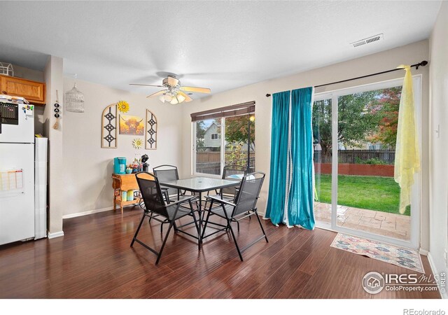 dining space featuring ceiling fan, a textured ceiling, and dark hardwood / wood-style flooring