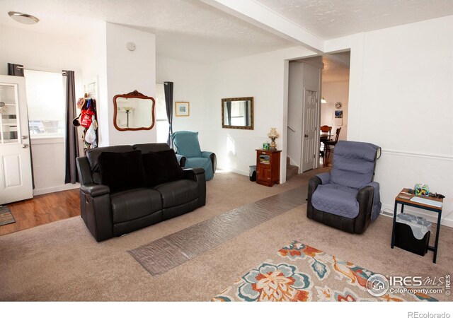 carpeted living room featuring beam ceiling and a textured ceiling