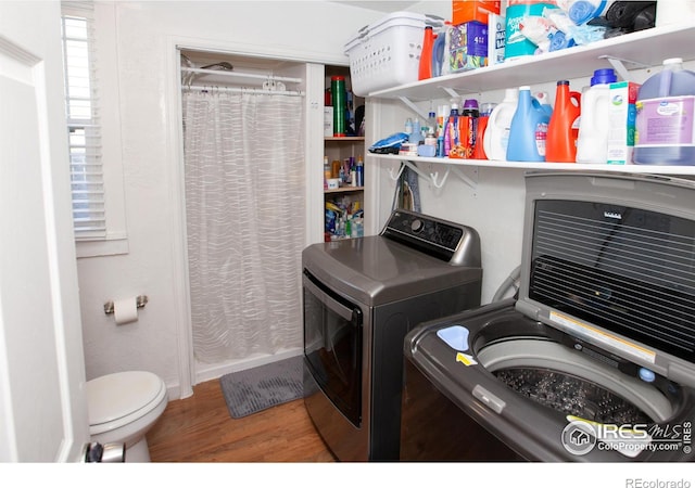 laundry area featuring washer and dryer and wood-type flooring