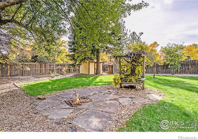 view of yard with a shed and a patio