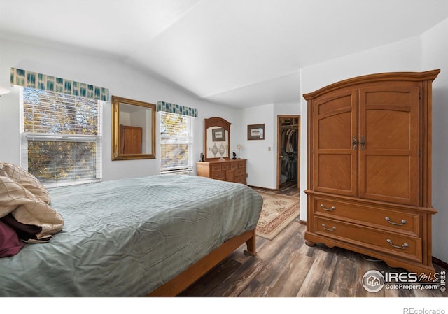 bedroom with a spacious closet, dark wood-type flooring, vaulted ceiling, and a closet