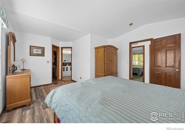 bedroom featuring lofted ceiling, a walk in closet, a closet, and dark hardwood / wood-style flooring