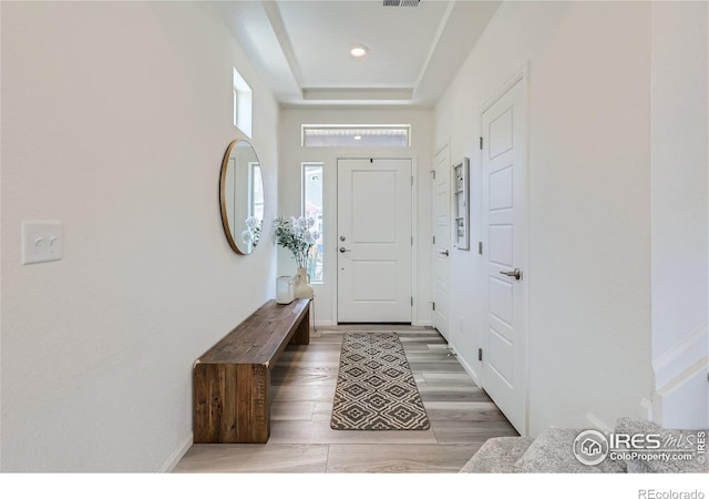 entrance foyer featuring a tray ceiling and light hardwood / wood-style floors