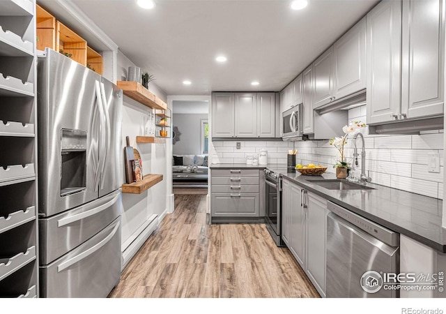 kitchen with stainless steel appliances, light wood-type flooring, gray cabinetry, a baseboard radiator, and sink