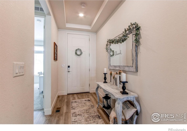 foyer with a tray ceiling and light wood-type flooring