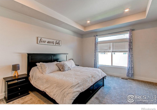 carpeted bedroom with a tray ceiling