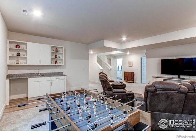 recreation room featuring indoor wet bar and light hardwood / wood-style flooring