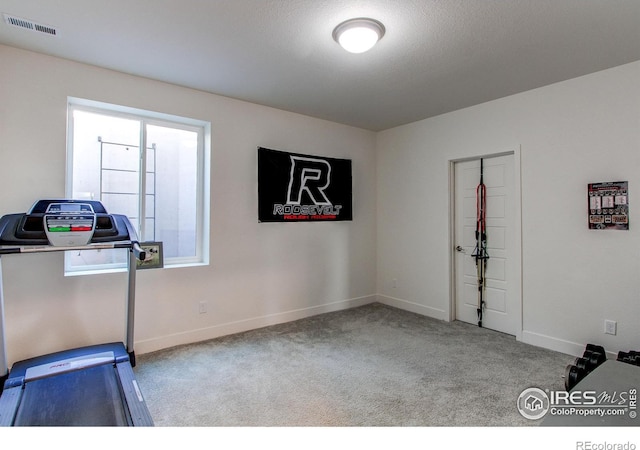 workout area featuring a textured ceiling and light colored carpet