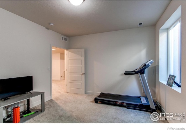 exercise area with a textured ceiling and light colored carpet