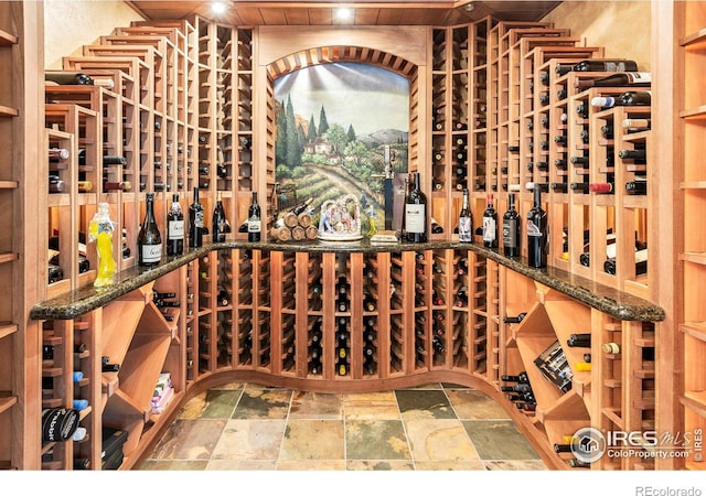 wine area featuring wood ceiling