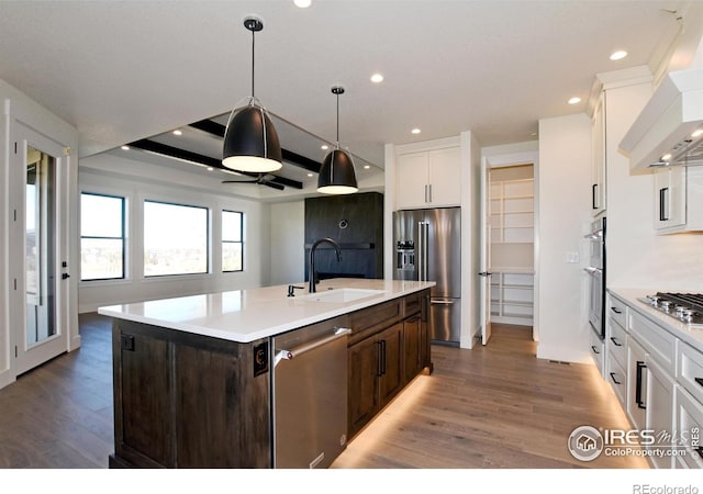 kitchen featuring sink, wall chimney exhaust hood, an island with sink, wood-type flooring, and appliances with stainless steel finishes