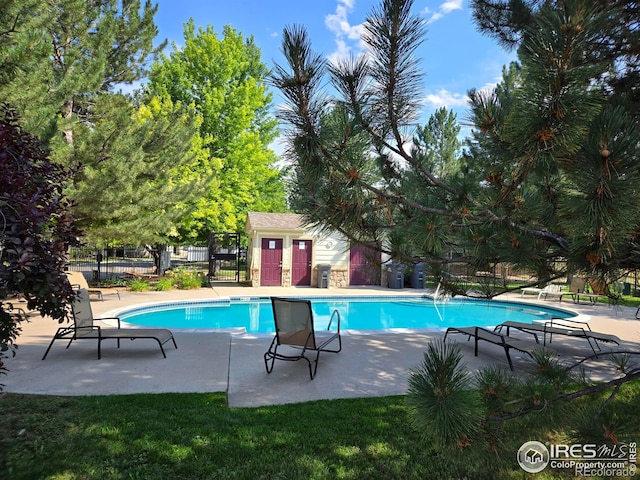 view of pool featuring a patio area and a lawn