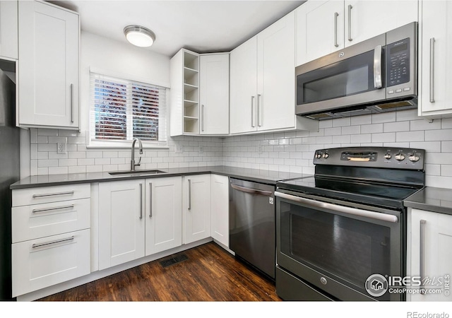 kitchen with stainless steel appliances, sink, and white cabinets