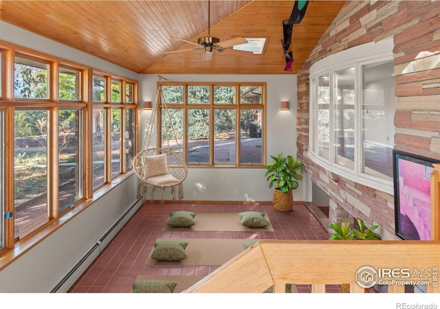 sunroom / solarium with plenty of natural light, vaulted ceiling with skylight, and wooden ceiling