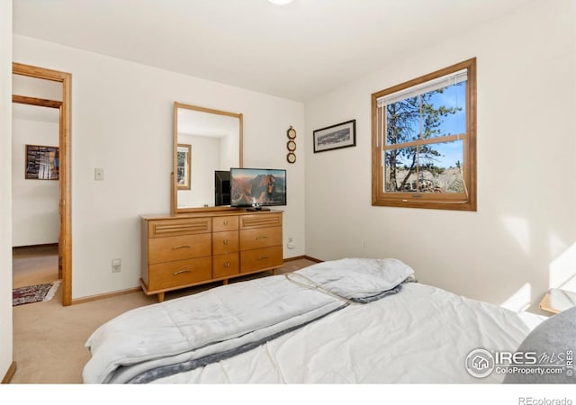 bedroom with light carpet