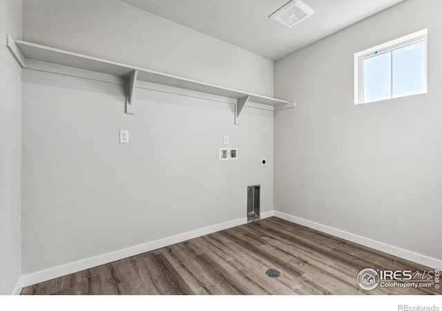 laundry area with hookup for an electric dryer, hookup for a washing machine, and wood-type flooring