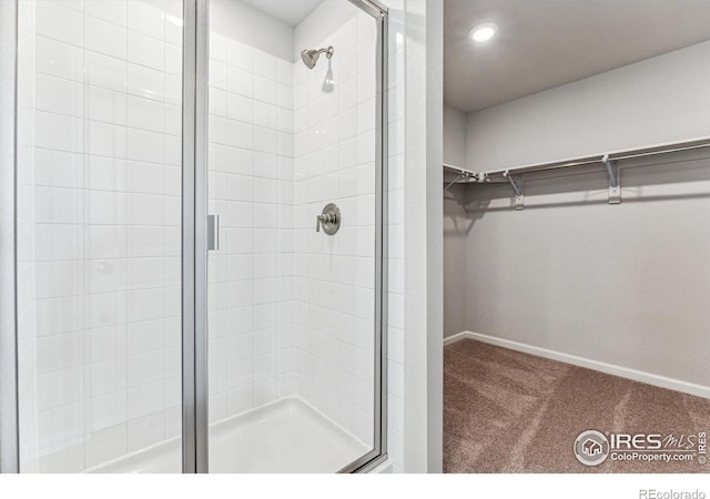 bathroom with a walk in closet, baseboards, and a shower stall