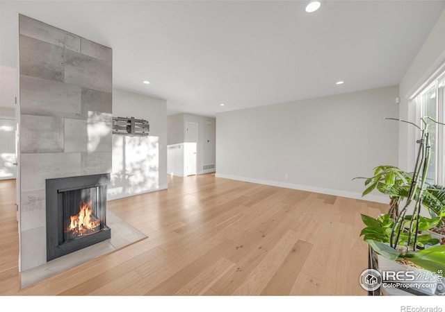 living room with a tiled fireplace and wood-type flooring