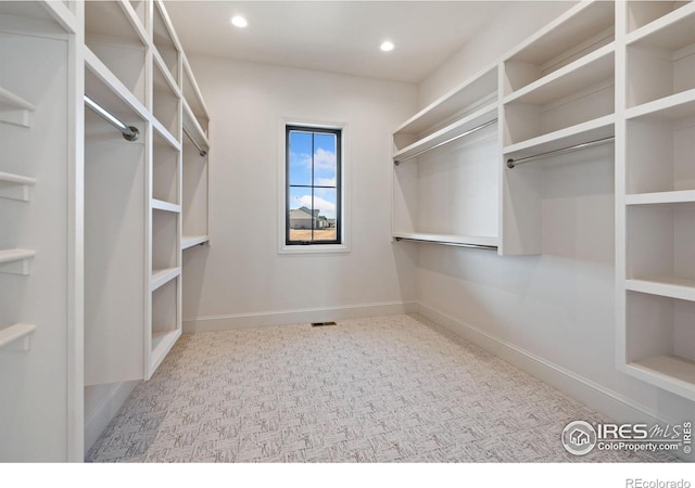 spacious closet featuring light colored carpet