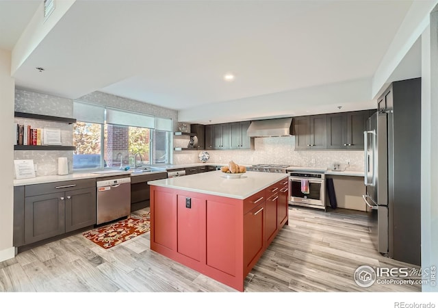 kitchen with wall chimney range hood, light wood-type flooring, appliances with stainless steel finishes, tasteful backsplash, and a kitchen island