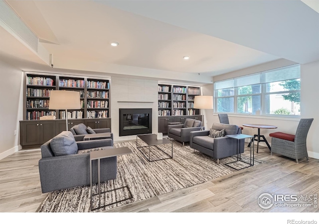 living room featuring a fireplace and light hardwood / wood-style flooring