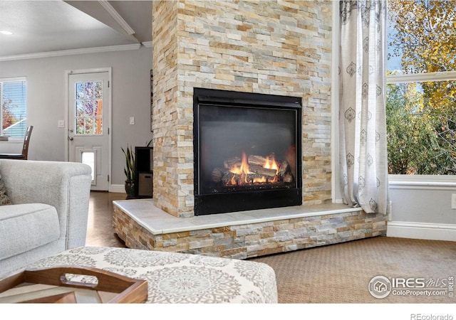 living room featuring ornamental molding, a fireplace, and hardwood / wood-style flooring