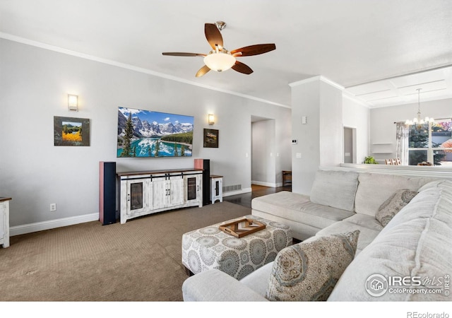 carpeted living room featuring crown molding and ceiling fan