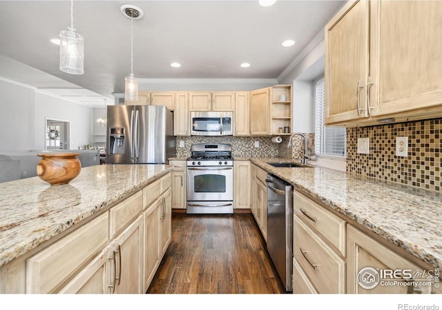 kitchen featuring light brown cabinets, dark wood-type flooring, stainless steel appliances, and sink